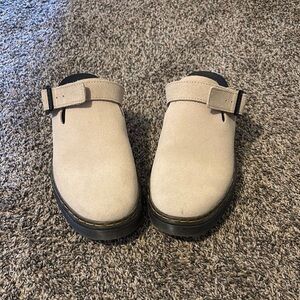 Stylish Beige Suede Clogs with Buckle